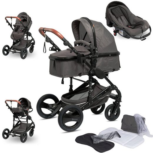 BRONEA Kombi-Kinderwagen EXQUISE Kinderwagen 3in1 mit MATRATZE, BUGGY & AUTO-BABYSCHALE FARBAUSWAHL, Gummi Reifen,Wickeltasche,Regen-, Mücken- & Sonnenschutz mehr Jubiläumsangebot