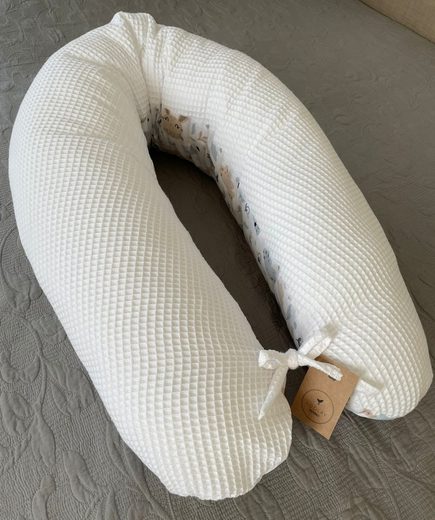 LOOLAY Stillkissen Waffelpique Seitenschläferkissen XXL Schwangerschaftskissen 170 cm Stillkissen + Bezug (Reißverschluss); Attmungsaktive WAFFEL + GLATT Baumwolle WEICH Stillkissen MUSTERN: HASE Beige/ GRAU, MINZE, WEIß, ROS Auslauf