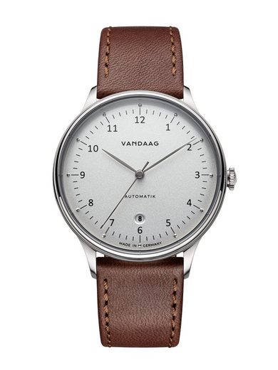VANDAAG Automatikuhr Primus Automatik Stahl-Silber Made in Germany, Saphirglas, 5 Bar wasserdicht, deutsches Leder mehr