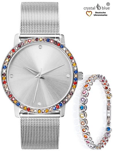 CRYSTAL BLUE Quarzuhr Damenuhr Mesh & Tennisarmband silber mit cubic Zirkonia Kristallen kostenlose Lieferung mehr