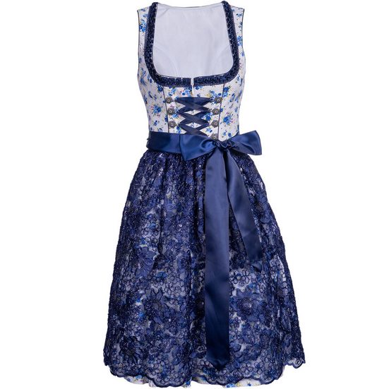KELLIAR Dirndl Midi Trachtenkleid, ideal für Oktoberfest, Rocklänge 60 cm, Blau Florales Muster, Dekorative Schnürung mehr Online Shopping