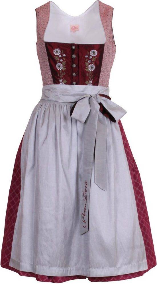 PEZZO D'ORO Dirndl Mididirndl dunkelrot/silbergrau bestickt,Länge 70cm (2-teilig Kleid mit Schürze) Knopfleiste mit verdecktem Zipper mehr Vatertagsangebot