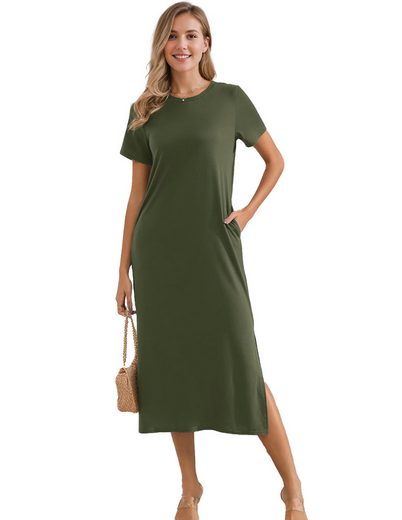 LUCKZON Sommerkleid Damen Maxikleid, geteilt, lässig, T-Shirt-Kleid mit Taschen Rundhalsausschnitt, kurze Ärmel, Sommerkleider mehr Saisonale Angebote