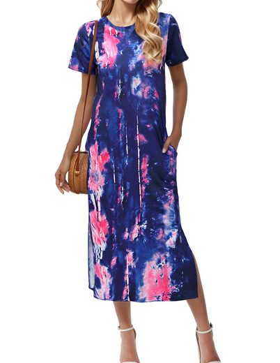 LUCKZON Sommerkleid Damen Maxikleid, geteilt, lässig, T-Shirt-Kleid mit Taschen Rundhalsausschnitt, kurze Ärmel, Sommerkleider mehr Saisonale Angebote