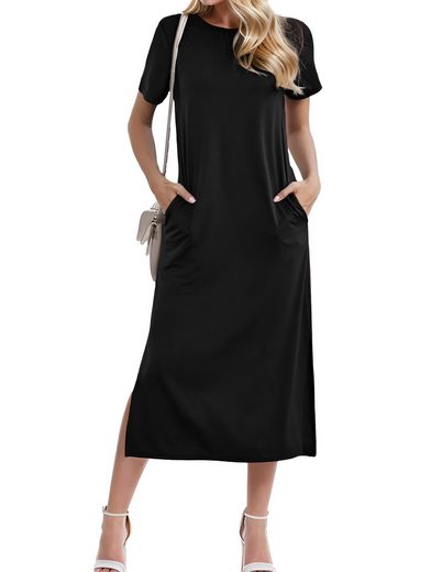LUCKZON Sommerkleid Damen Maxikleid, geteilt, lässig, T-Shirt-Kleid mit Taschen Rundhalsausschnitt, kurze Ärmel, Sommerkleider mehr Saisonale Angebote