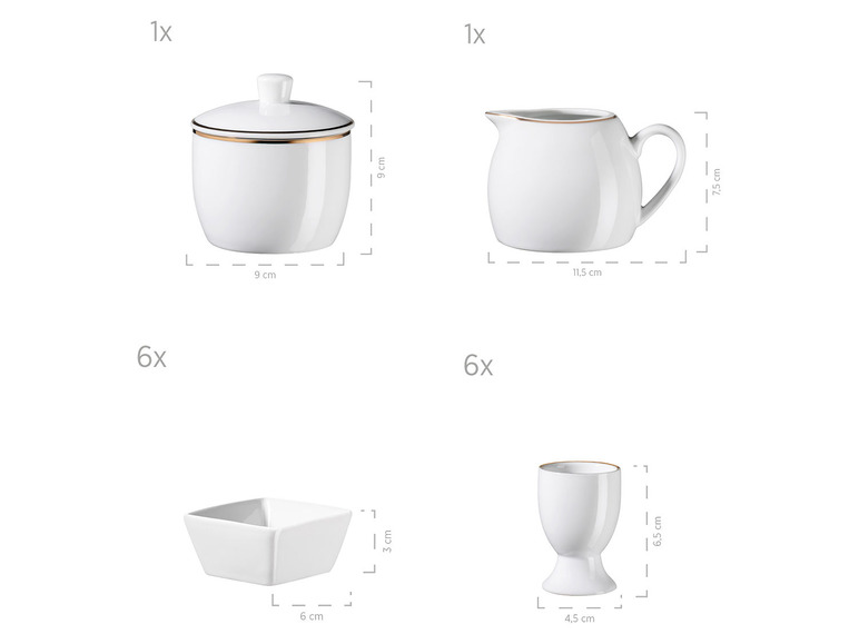 MÄSER Serie Professional Dining, Zubehör Set aus Müslischalen, Eierbechern, Schüsseln, Zuckerdose, Milchkännchen, Dipschälchen und Servierplatten, 24-teilig, Weiß mit Goldrand Verkauf
