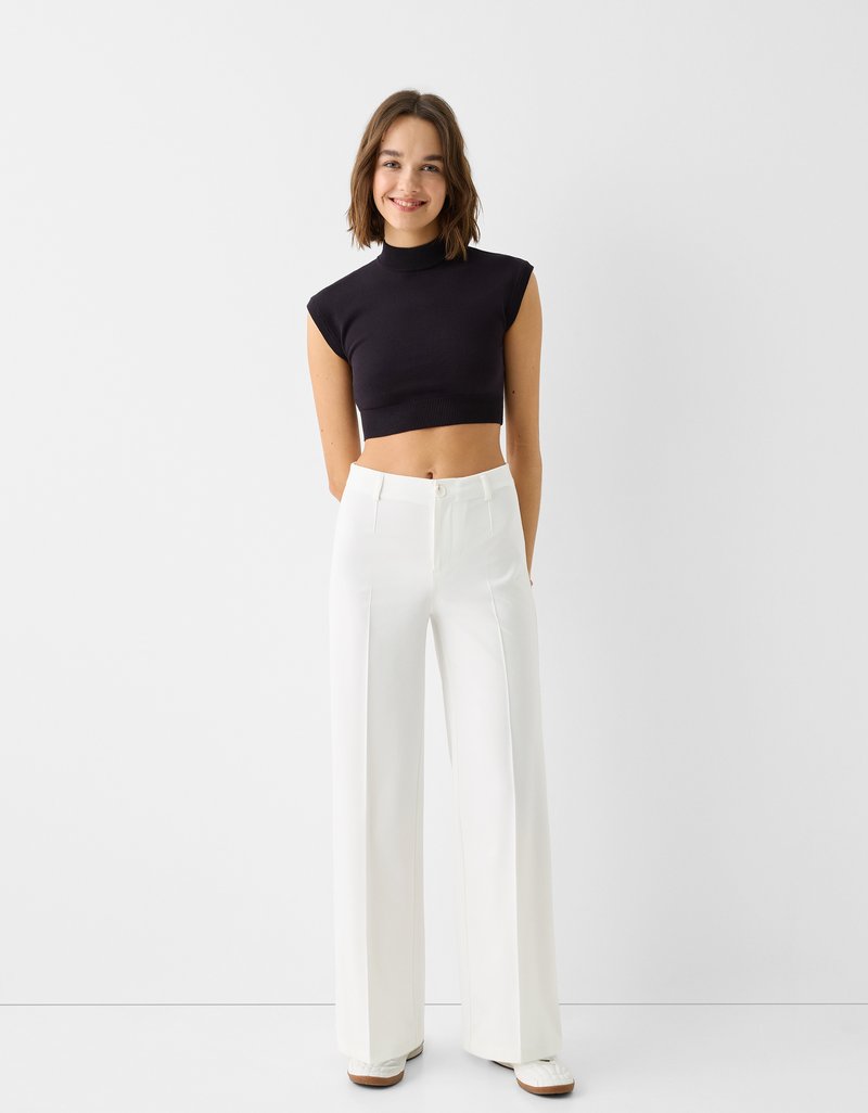 Bershka Bershka WIDE TAILORED - Trousers - white Nur für heute